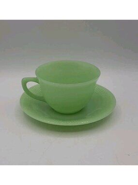 Vintage Jadeite Green Fire King Oven Ware Tea Cup & Saucer Jane Ray Pattern USA